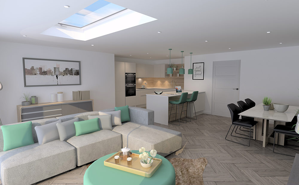 Barnton Park View, Edinburgh, Kitchen and living space with ceiling window